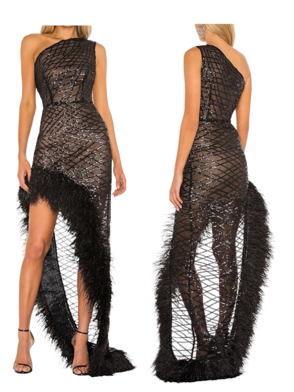 Bronx and Banco Lola Sheer Sequin Mesh Feather Gown Asymmetrical Maxi Dress XL